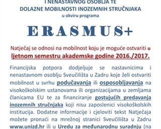 Erasmus+ Natječaj za financiranje mobilnosti nastavnika i nenastavnog osoblja